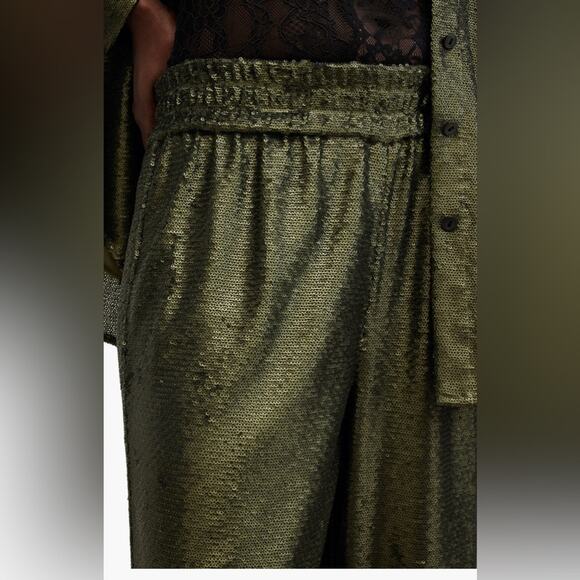 All Saints Charli Sequin Wide Leg Pant Olive Green Size 6 NWT - Picture 5 of 12
